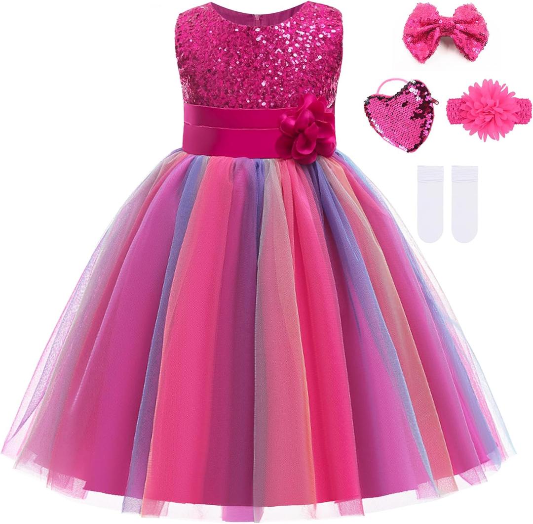 Little Girl's Sequin Sleeveless Mesh Rainbow Party Wedding Flower Dress with Accessories (8-9 Years)