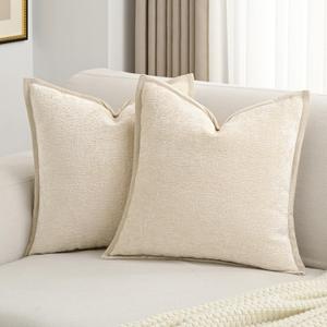 FUTEI Beige Chenille Throw Pillow Covers 18x18 Inch Set of 2,Soft Cozy Bound Edge Design Cushion Case,Home Decor for Couch Bed Living Room