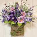 Cream Hydrangea Door Hanger Basket Wreath, Farmhouse Wreath with Wildflowers, Artificial Spring Summer Garland for Front Door, Seasonal Holiday Ornament (A)