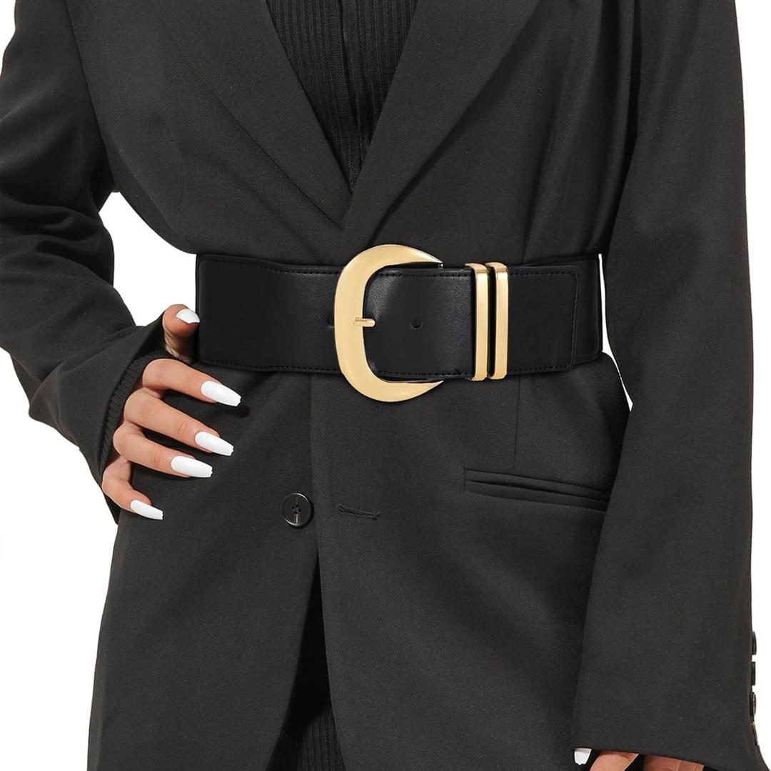WHIPPY Women Wide Elastic Waist Belt for Dresses Fashion Gold Buckle Stretchy Leather Waistband for Ladies (Black)