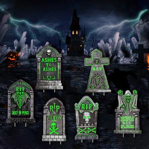 Halloween Decorations Outdoor Tombstone Yard Sign with Stakes - Glow in the Dark - 6PCS Graveyard Tombstones Halloween Props for Family Home Front Yard Lawn Garden Halloween Party Decor