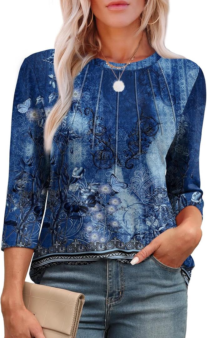 XIEERDUO 3/4 Length Sleeve Womens Tops Round Neck Casual Tunic Tops Basic Pleated Shirts Loose Fit 2026, The product differs (Blue, XXL)