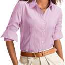 siliteelon Striped Button Down Shirts for Women Dress Shirts Long Sleeve Collared Casual Office Work Blouses Tops (Large, Pink)