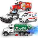 Yalujumb 4 Packs Emergency Vehicle Toy Playsets, Including Garbage Truck Play Police Car,Ambulance and Fire Truck with Spray,Lights & Sounds,Birthday Christmas Party Gifts Toys for Boys 3-5