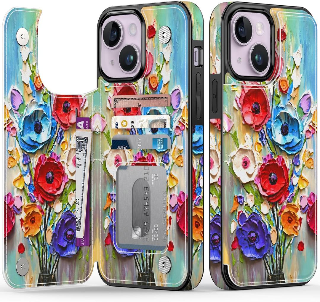 FUNMIKO for iPhone 14 Plus Wallet Case with Card Holder, RFID-Blocking, Military-Grade Drop Protection & Floral Animal Design, Magnetic Closure with Leather Kickstand - Abstract Flowers