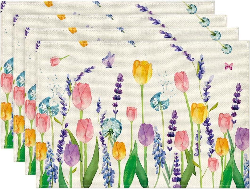 Artoid Mode Lavender Tulip Spring Placemats for Dining Table, 12 x 18 Inch Summer Seasonal Holiday Decoration Rustic Vintage Washable Table Mats Set of 4 (Beige)