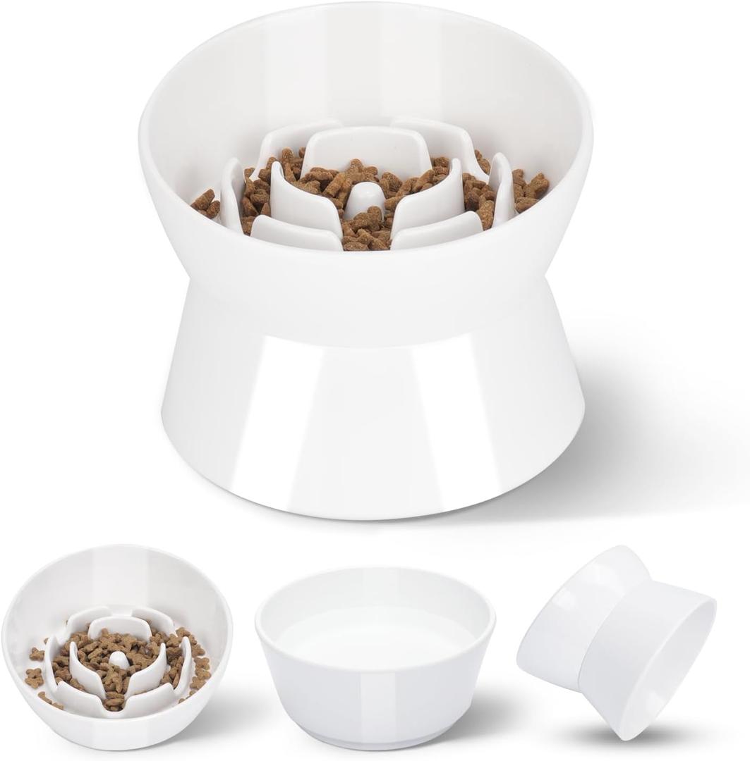 F FD Hub Tilted Raised Slow Feeder Bowl for Cats and Small & Medium Dogs, Raised Design Improves Posture, Spiral Inner Shape Prevents Fast Eating, Dishwasher Safe, 10 oz (White, L-Cats)