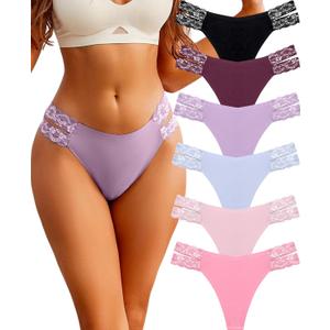 FINETOO Seamless Thongs for Women 6 Pack Sexy V-Wasit Women's Underwear No Show T-back Underwear for Women Panties (Large, A 6 Pack(black*1 Purple*1 Khaki*1 Silver Blue*1 Wine*1 Pink*1 ))