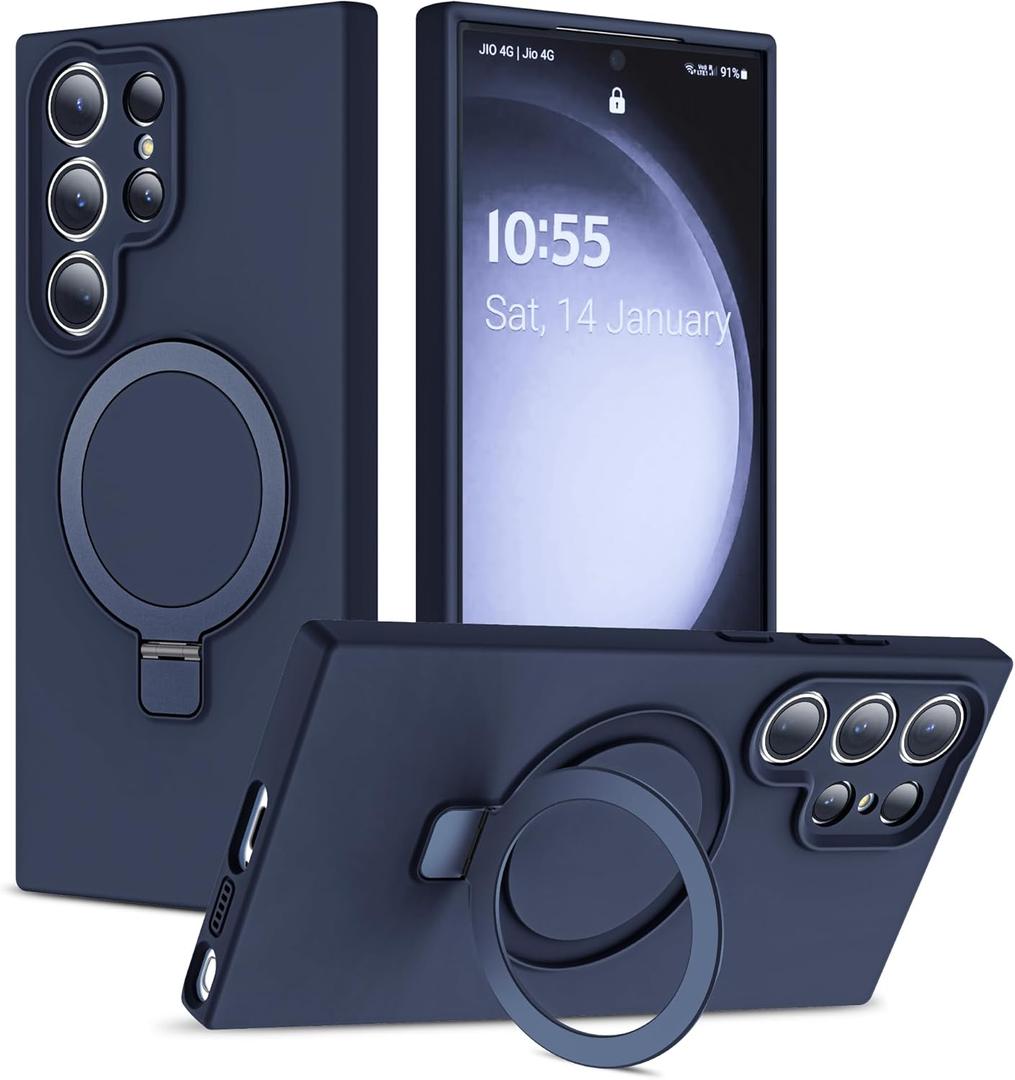 Designed for Samsung Galaxy S23 Ultra 6.8'' with Magnetic Ring Stand[Compatible with Mag-Safe][Military-Grade Protection] Slim Liquid Silicone S23 Ultra Phone Case for Men Wowen,Deep Blue