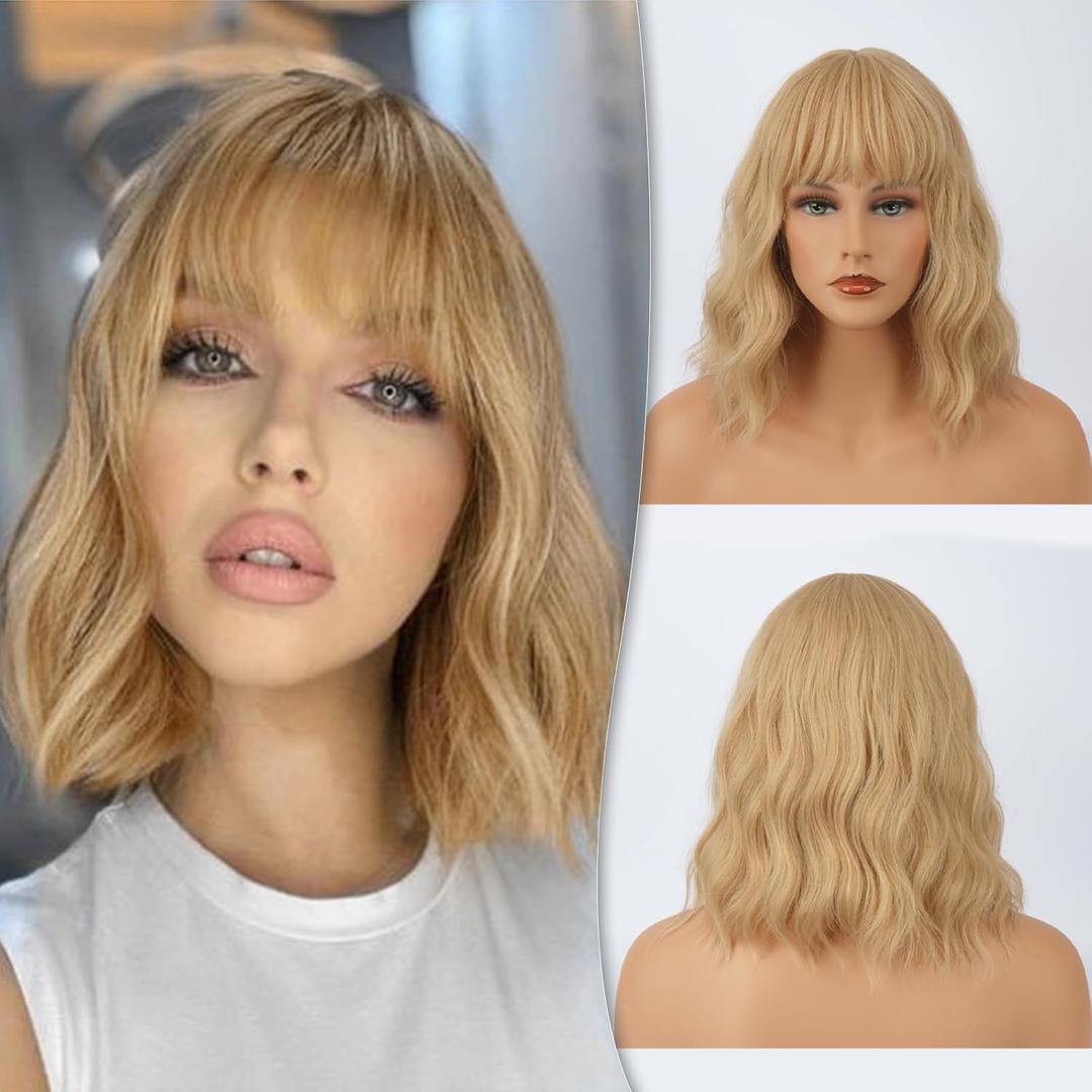 BARSDAR Short Wavy Blonde Wig With Bangs - 14 Inch Short Wavy Bob Bangs Wigs for Women - Soft Wavy Synthetic Shoulder Length Tay lor Wigs Daily Halloween - Blonde Mixed (14 Inch, Beige Mix Buttery Blonde)
