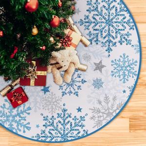 Snowflakes Christmas Tree Skirt 60 Inches Lace-up Winter Snow Extra Large Artificial Blue Xmas Tree Skirt, Stars Holiday Party Indoor Decoration Home Decor