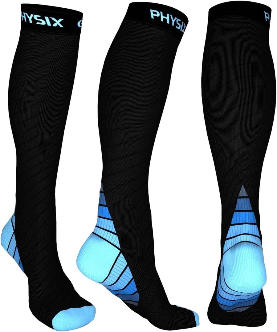 Physix Gear Compression Socks 20-30 mmHg - Men & Women - Running, Nurses, Shin Splints, Flight, Travel (Black/Blue), S/M