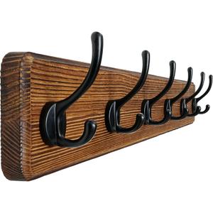 Dseap Coat Rack Wall: 24" Long, Patented, Heavy-Duty, 6-Double-Hooks Wooden Wall Mounted Coat Rack Coat Hanger Hook Rail for Winter Coats Hat Jacket Clothing, Natural & Black
