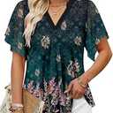 onlypuff Dressy Blouses for Weddings Flutter Sleeve Tops for Women Daffodils Floral Flowy V Neck Shirts Work Tops Chiffon Blouses L
