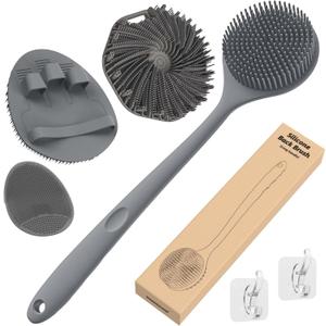 Manmihealth Silicone Back Scrubber & Soft Bath Glove Set 4 PCS(Thin Bristles), Super-Exfoliating Body Scrubber & Super-Lathering Shower Brush Combination, with 2 Free Hooks (Gray)