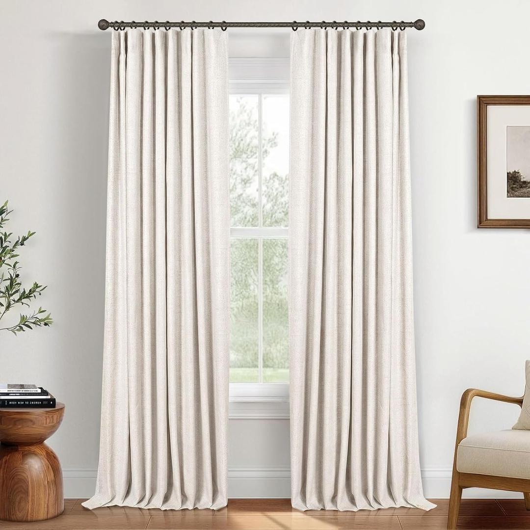 INOVADAY 100% Blackout Curtains for Bedroom, Black Out Curtains 80 Inch Long, Clip Rings Linen Blackout Drapes, Thermal Insulated Room Darkening for Living Room, 2 Panels - Beige,W50xL80
