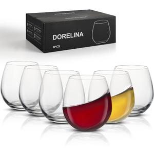 Stemless Wine Glasses Set of 6 – 15oz Elegant Modern Red & White Wine Glasses for Everyday Use, Dishwasher Safe, Shatter-Resistant Crystal-Ergonomic Design, Drinking Glasses Gifts
