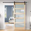 34x84 inch Glass Sliding Barn Door Slab with 6ft Hardware Kit Included, 5-Panel Frosted Glass, Spruce Wood Support DIY Dyeing, Easy Assembly