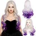 Long Silver Purple Mermaid Wig Undersea Witch Cosplay Wigs + Cap for Halloween Costume (Silver Grey Purple Wavy)