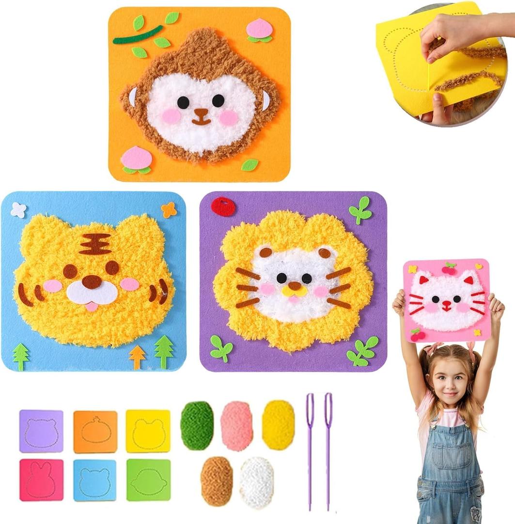 DIY Embroidery Doll Set for Kids - Cartoon Animal Sewing Arts and Crafts Kit with Felt, Yarn & Safety Tools | Learn to Sew Educational Toy for Girls & Boys Ages 3+ | Easter, Birthday Gift, 8.27"
