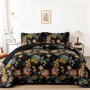 WONGS BEDDING Floral Quilt Set King,3 Pieces Vintage Botanical King Bedspread,Black Floral Quilt Bedding Set with 2 Pillowcases,Soft Lightweight Microfiber Coverlet Set for All Season(104"X90")