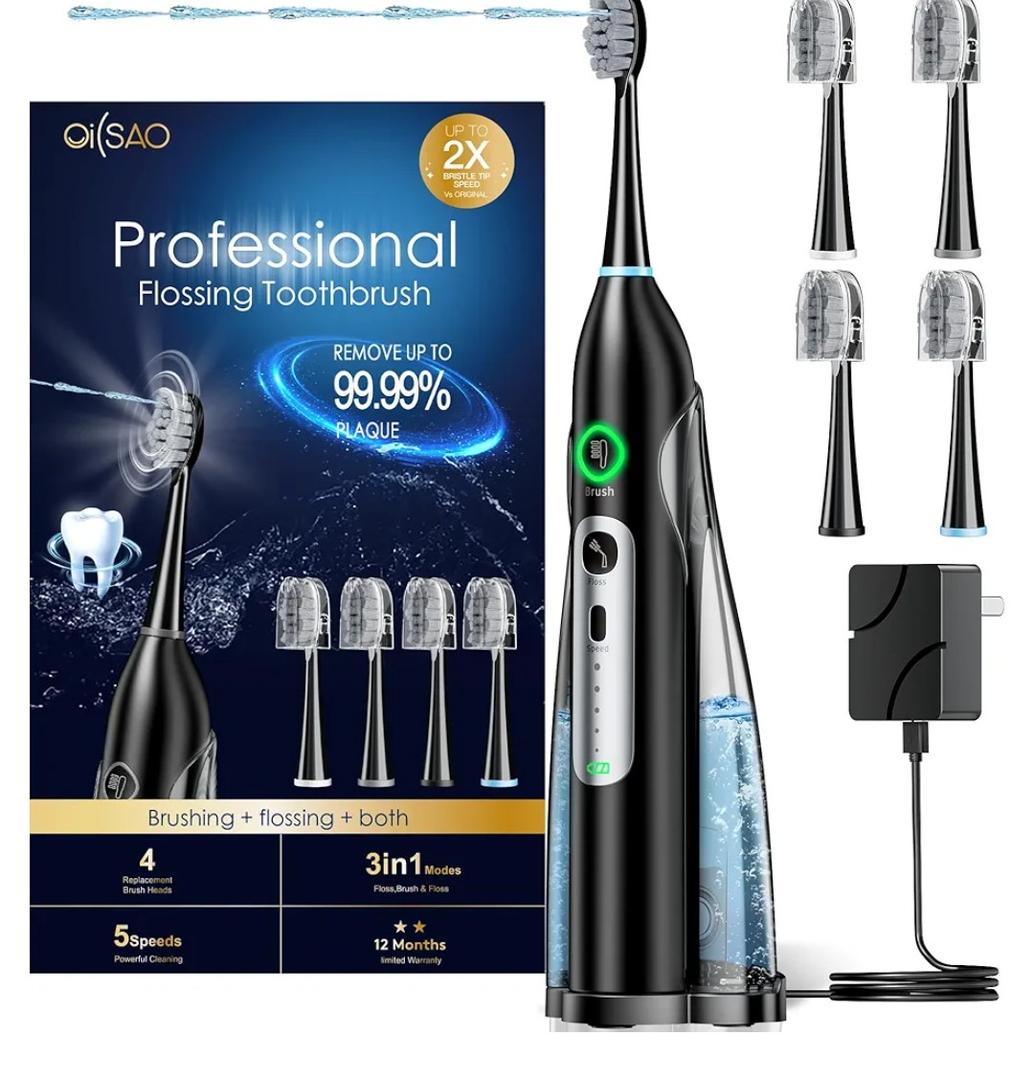 Electric Toothbrush with Water Flosser, All in One Sonic Flossing Toothbrush with 3 Modes & 5 Flossing Speeds & 4 Brush Heads, Rechargeable & Portable for Adult Teeth Cleaning, Black