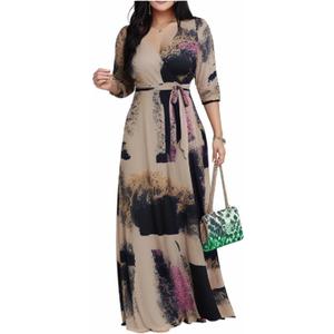 CaniBtr Maxi Dresses for Women Casual 3/ 4 Sleeve Printed Wrap V Neck Plus Size Church Summer Long Sundress with Belt, XL