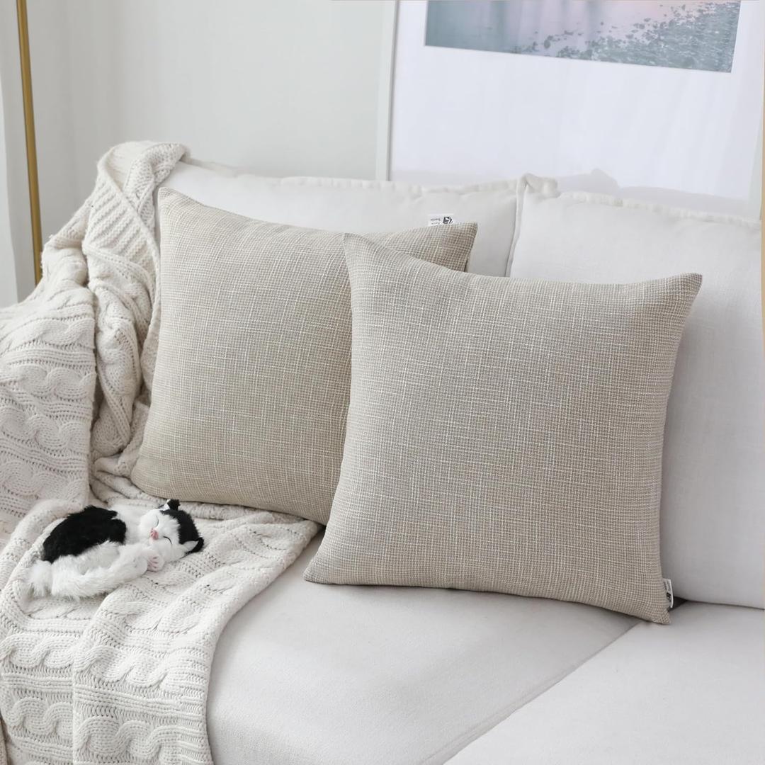 Pack of 2, Kevin Textile Decorative 2 Tone Linen Pillow Covers Farmhouse Boho Decor Cushion Covers for Chair/Sofa/Bed/Car, 18 x 18 Inches, Light Beige (18" x 18" (Pack of 2))