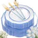 Liacere 150PCS Clear and Blue Plastic Plates-Clear and Blue Disposable Plates with Glitter Bamboo Handle Cutlery-60 Baroque Elegant Plates, 30 Forks, 30 Spoons, 30 Knives for Wedding&Party&Mothers Day