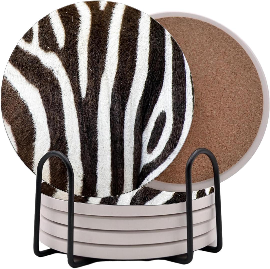 Exotic Zebra Print Black White Country Farm Round Coasters Set of 6 - Abosrbent Ceramic with Metal Stand for Drinks, Coffee, Non-Slip Cork Back (Zebra)