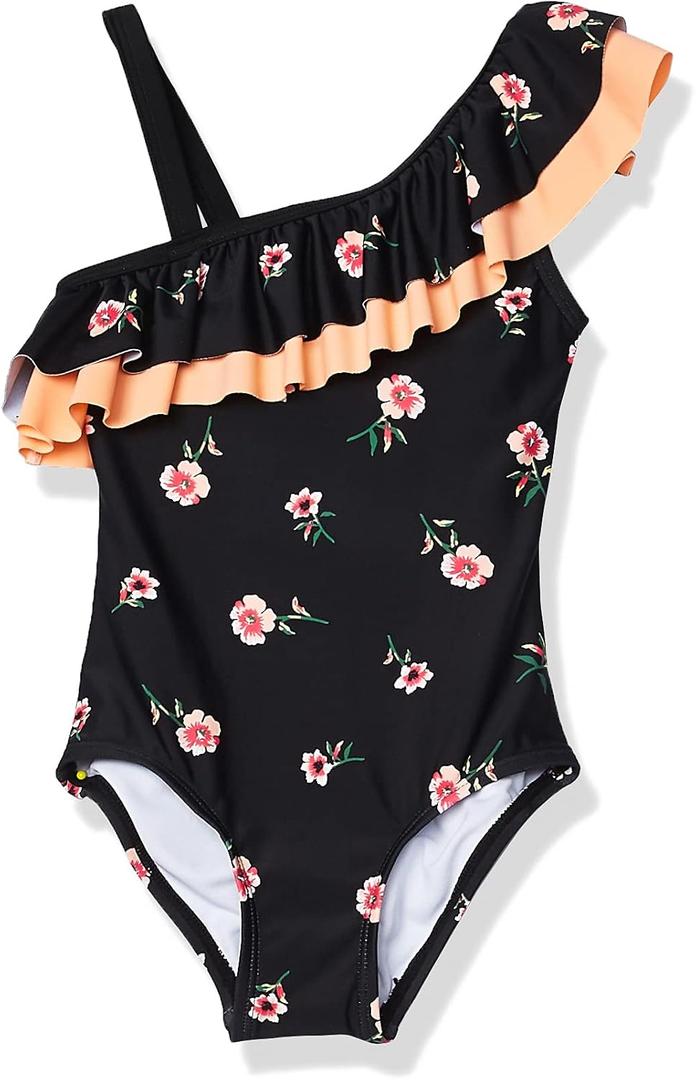 Kanu Surf Girls' Big Morgan Floral Ruffle 1-Shoulder 1-Piece Swimsuit, Black, 14