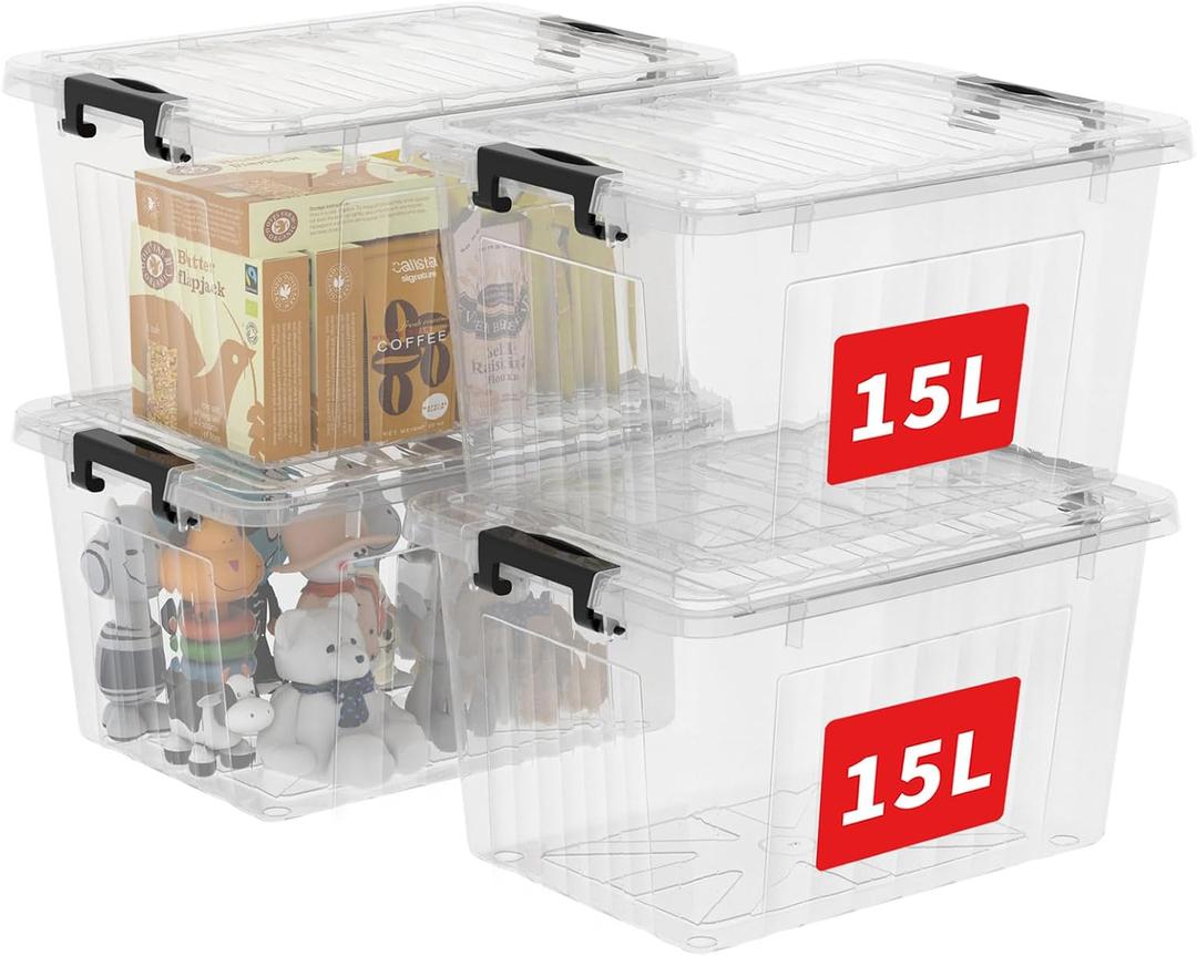 Cetomo 18Qt*4 Plastic Storage Bins, Storage Box, 4 Pack, Organizing Container with Durable Lids and Secure Latching Buckles, Stackable and Nestable, Clear with Black Buckle