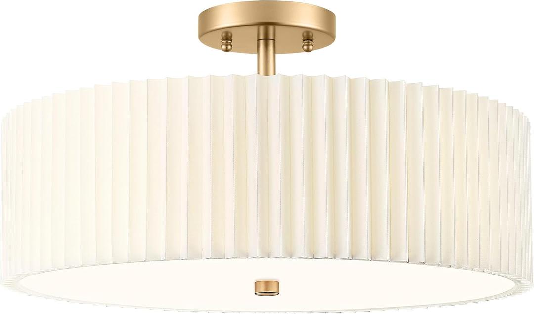 18" Gold Semi Flush Mount Ceiling Lights, Pleated Fabric Shade, 18", Single Shade