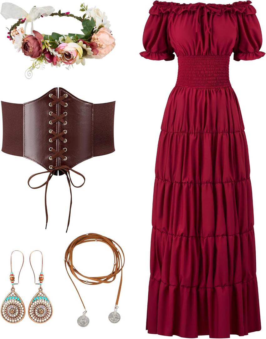 Spooktacular Creations 5Pcs Halloween Renaissance Medieval Dress Costume Women, Fairy Peasant Irish Cottagecore Dress (X-Large, Burgundy Dress With Accessories)