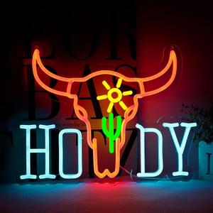 Howdy Cowboy Longhorn Rodeo Neon Sign for Western Decor,Hello Led Light for Party Bar Man Cave and Game Zone Decoration,5V USB Powered,Easy Hanging.