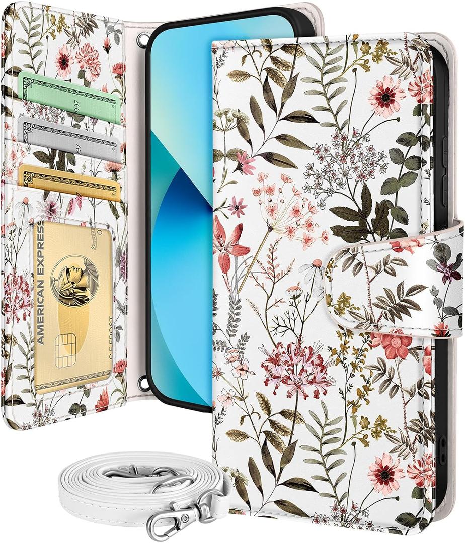 Buleens for Samsung Galaxy S23 Plus Wallet Case for Women - with Card Holder S23 Plus Flip Case Leather Crossbody Cute Aesthetic Galaxy S23+ Case with Strap Kickstand for Girls Girly, PK Flower