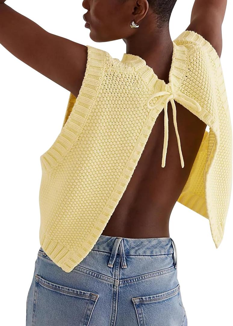 Cioatin Women Y2K Backless Tie Up Knit Crop Sweater Vest Sleeveless Round Neck Split Open Back Pullover Summer Tank Tops (Yellow, S)