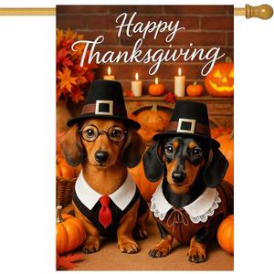 IVN Happy Thanksgiving Dachshund Garden Flag 12x18 Inch Double Sided Pilgrim Dog Pumpkin Autumn Outdoor Yard Flag for Home Front Door Lawn Porch Decor