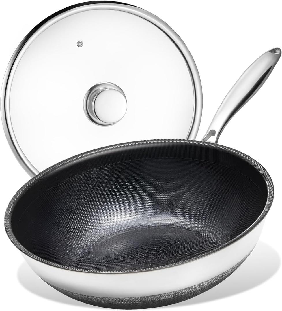 KITEXPERT Non Stick Wok Pan with Lid,12" Titanium Ceramic Pan Nonstick Stainless Steel Stir-fry Pans, PFAS PFOA & PTFE Free, Quick-Cool Handle, Dishwasher & Oven Safe, Compatible with All Cooktops