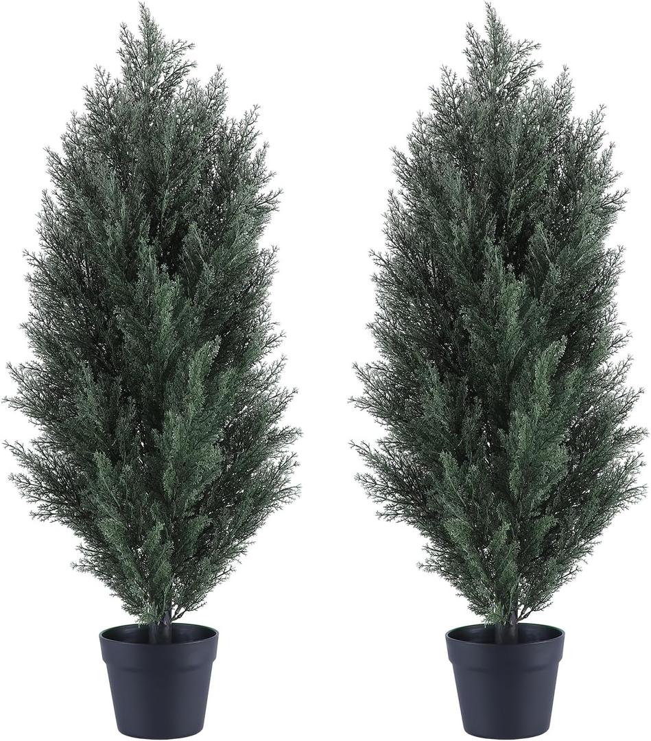 THE BLOOM TIMES 3ft Topiary Trees Artificial Outdoor  UV Resistant Faux Cedar Pine Cypress Bushes and Shrubs, Fake Potted Plants for Front Porch Outside Planter Patio Decor, Set of 2 (3 Foot) (Dark Green)