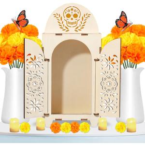 51Pcs Dia De Los Muertos Decorations Wooden Shadow Box Day of The Dead Ofrenda Altar Decor with Marigold Butterfly Candle Remembrance Supplies