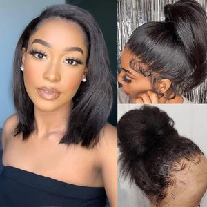 Jessica Hair Transparent Lace 180% Density Kinky Straight 5x5 Closure Wigs Short Bob Wigs Yaki Straight Brazilian Human Hair Wigs for Black Women Pre Plucked Natural Hairline with Baby Hair10 Inch