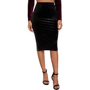 SOLY HUX Women's High Waist Split Hem Velvet Bodycon Pencil Midi Skirt (Black), Small