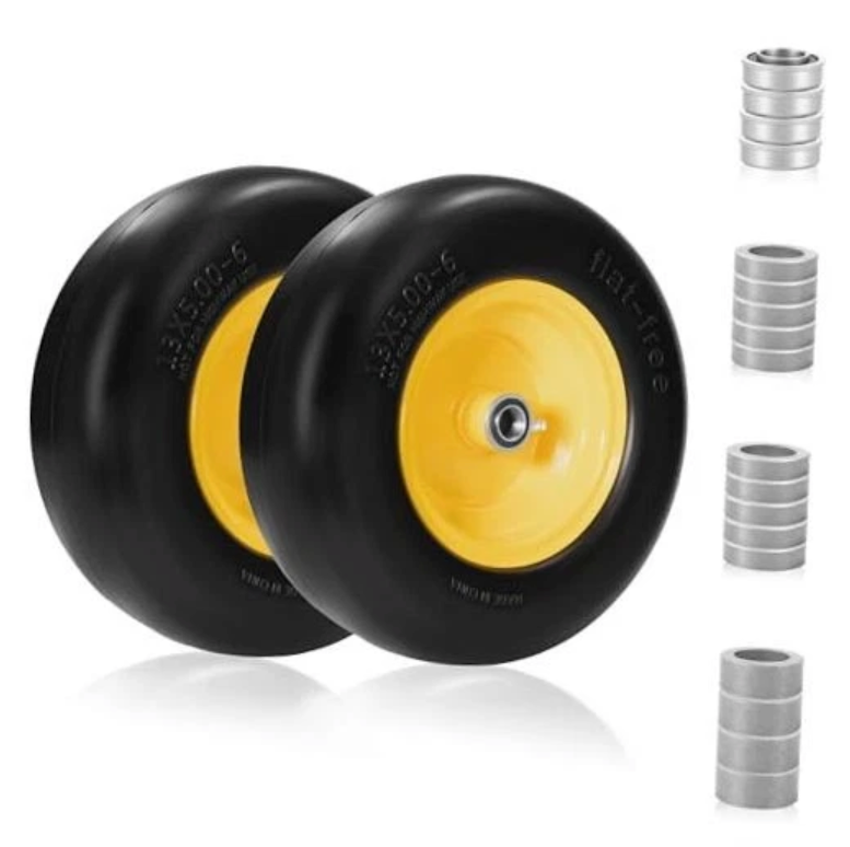 2PC 13x5.006 flat free tire and wheel, Universal 3/4" Bearings & Extra 5/8" Bearings, lawn mower tires, 350lbs Load Capacity, front tires for zero turn mowers Adjustable Center Hub (3.2" to 5.1").