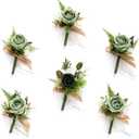 Ling's moment Boutonniere for Men, 6pcs Groom Groomsmen Boutonniere with Built-in Pins, Artificial Flowers for Wedding Decor/Prom/Homecoming, etc. Green Beige