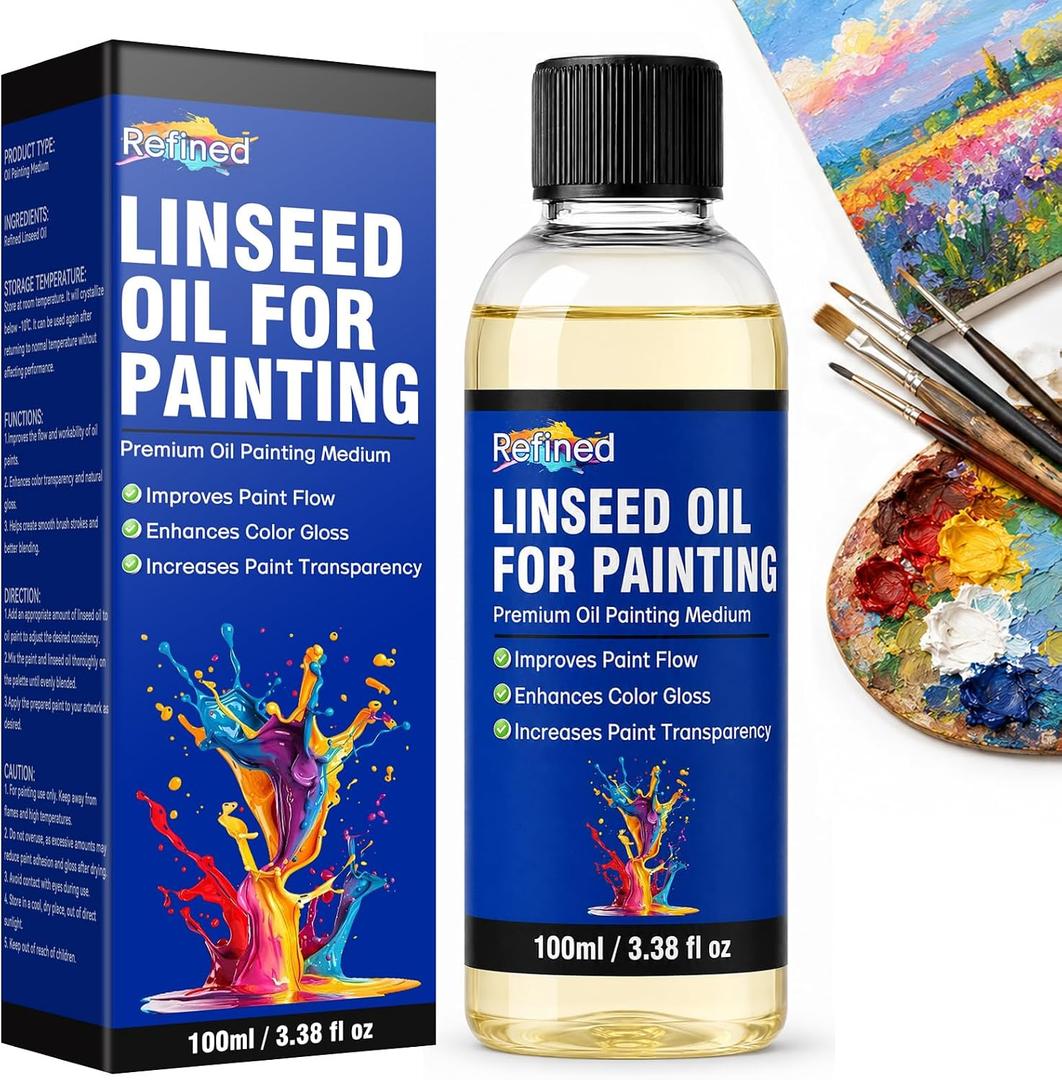 Linseed Oil for Painting, Refined Linseed Oil 100ml, Oil Paint Thinner and Medium for Artists, Enhance Paint Flow and Add Transparency & Natural Gloss for Blending and Glazing