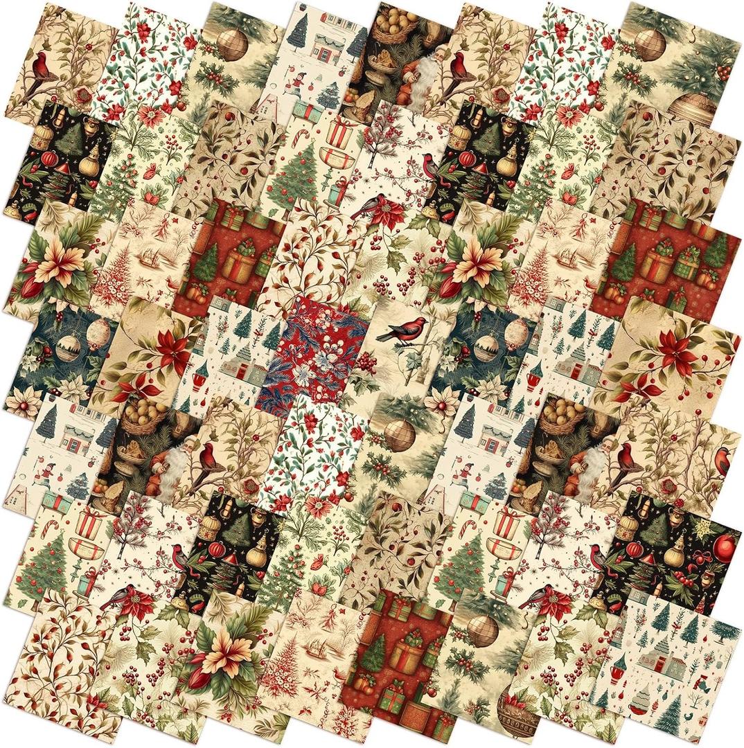 Fanfanwin 100 Pcs 5 x 5 Inch Vintage Christmas Quilting Fabric Christmas Fat Squares Patchwork Strips Santa Red Cardinal Precut Fabric Bundles for Xmas Handmade Crafting DIY Craft Sewing Material