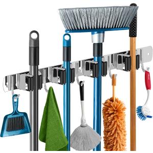 The Good Stuff Heavy Duty Mop and Broom Holder Wall Mount Stainless Steel 5-Rack Organizer with 4 Hooks Space Saving, Rust-Resistant Utility Rack for Garage, Kitchen, Laundry or Garden Tools