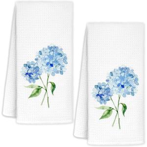 Rustic Spring Hydrangea Floral Kitchen Towels Set of 2, Blue Hydrangea Flower Decorative Dish Tea Towels for Kitchen, Spring Cottagecore Floral Hand Towels for Bathroom Decor, 16x24 Inch