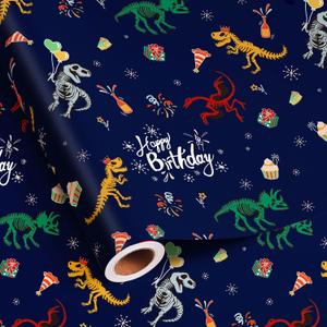 Vnaaem Dinosaur Wrapping Paper Roll - 17 Inches x 32.8 Feet Dinosaur Birthday Gift Wrap Kids Boys Dinosaur Wrapping Paper Blue Design Party Favor Wrapping Paper Roll